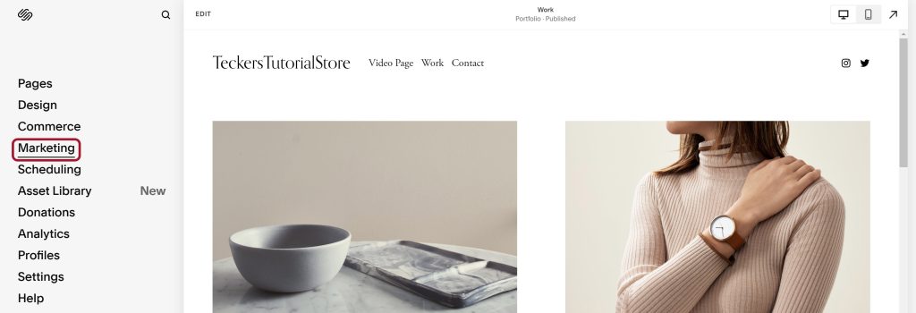 Marketing option on site settings in Squarespace