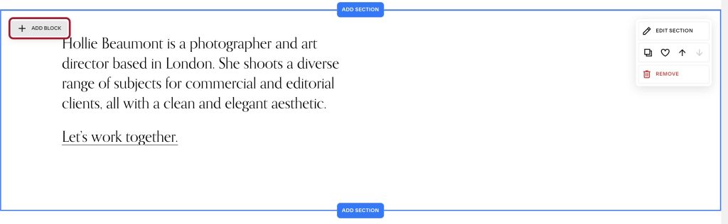 "Add block" option in the Squarespace page editor.