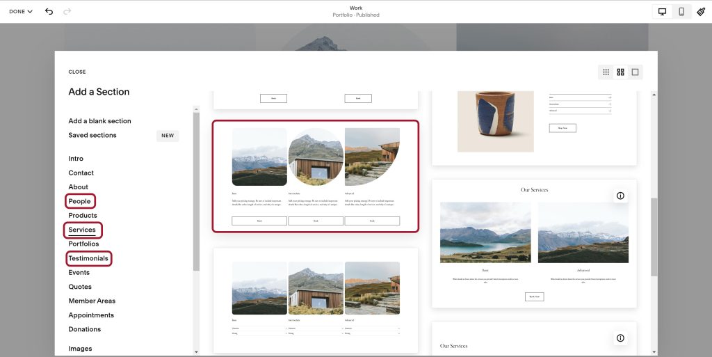 Adding an auto-layout button by adding a new section on a Squarespace page.