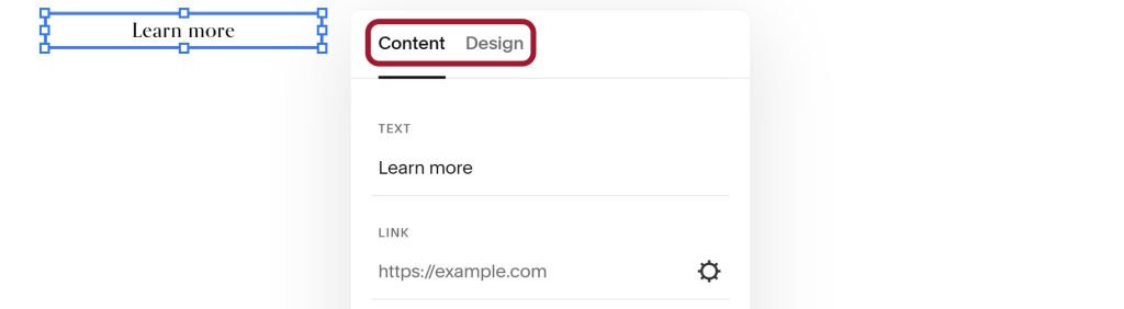 Content & Design tabs when editing a button block.