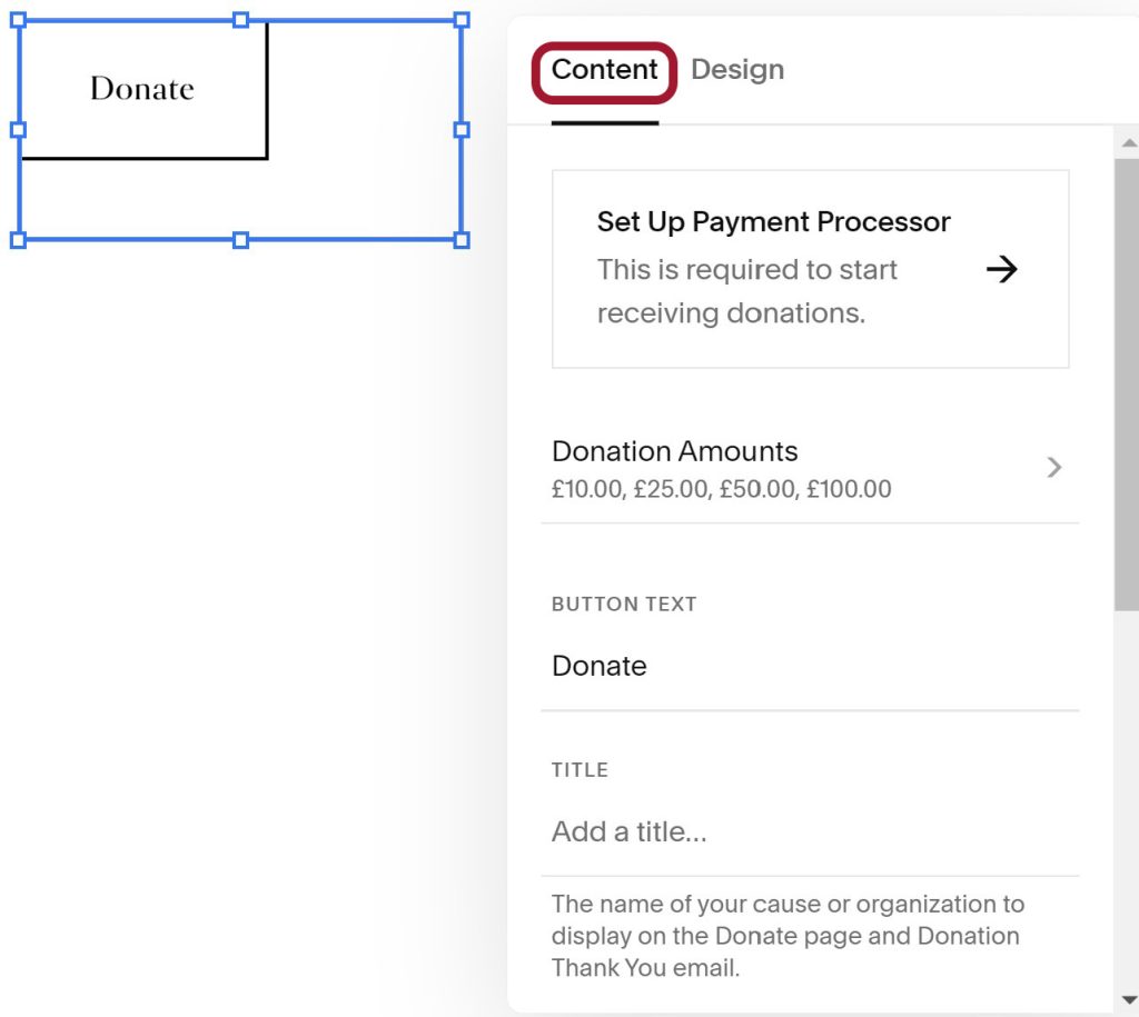 Content tab settings for adding a donation button.