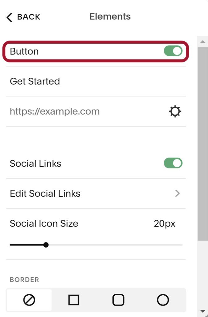 Button option within "Elements" settings