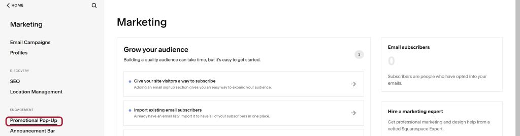 Promotional pop-up option in Marketing settings on Squarespace