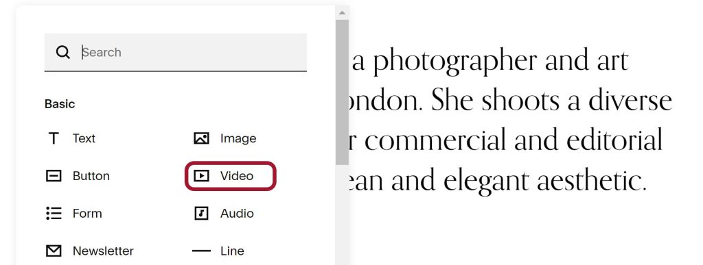 Adding a video block to a section on an existing page in the Squarespace page editor.