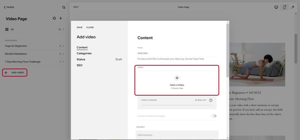 Adding a video to a video page in Squarespace