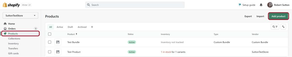 Adding a new product on the Shopify dashboard.