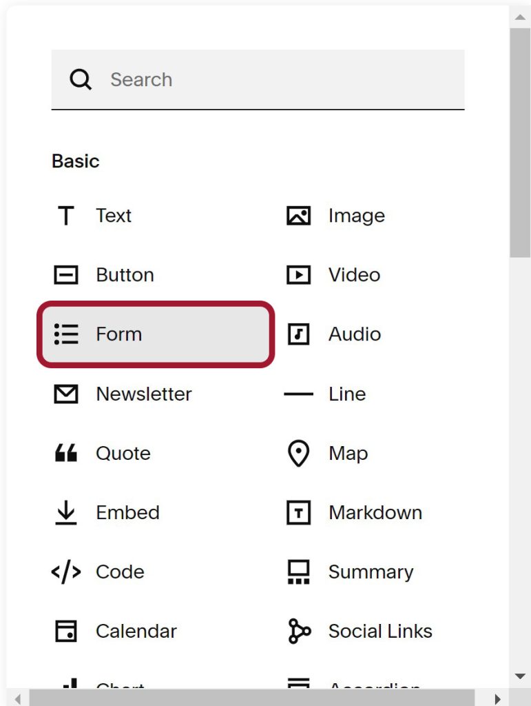 Adding a form button in the Squarespace page editor.