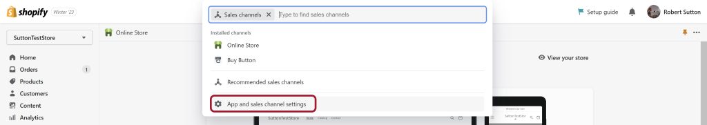 Apps and sales channel settings on the Shopify dashboard.