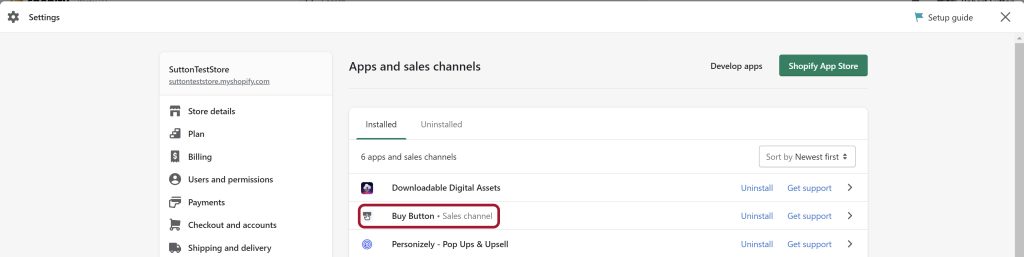 Buy button in the apps and sales channels settings.